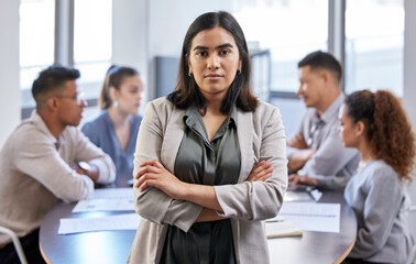 Poster - Portrait, serious and woman with arms crossed for meeting in business office with brainstorming, planning and feedback project. Pride, female manager and workplace discussion for team collaboration