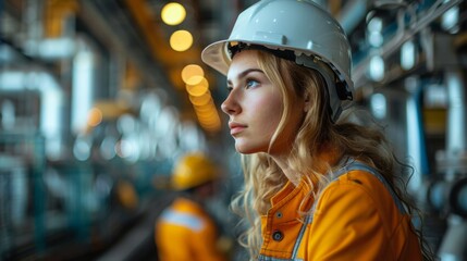 Wall Mural - female industrial engineer wearing a white helmet