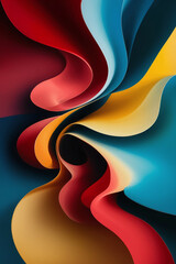 Wall Mural - A captivating abstract painting featuring a harmonious blend of deep red, blue, and yellow hues. The colors intertwine, creating fluid lines and forms that dance across the canvas. 