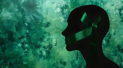 Wall Mural - An abstract human profile silhouette adorned with a green ribbon, representing solidarity and support for mental health awareness./