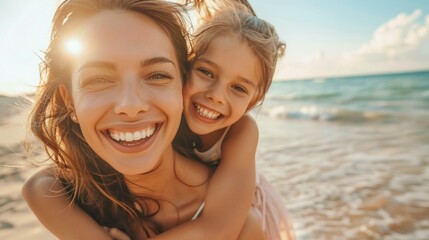 Wall Mural - A woman and a child are smiling and hugging on a beach