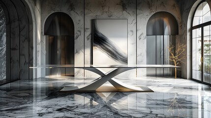 Wall Mural - Sleek Glass Table in Luxurious Contemporary Interior Setting for Product Display