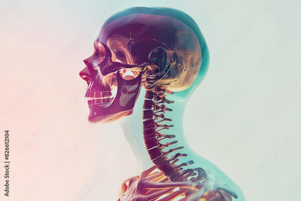 Side view of a colorful human skull and vertebrae in an artistic ...