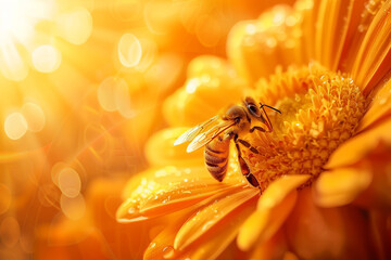 macro close-up orange summer flower gerbera with a bee that drinks nectar,floral garden scene, pollinator interaction, bee pollination, nature conservation awareness