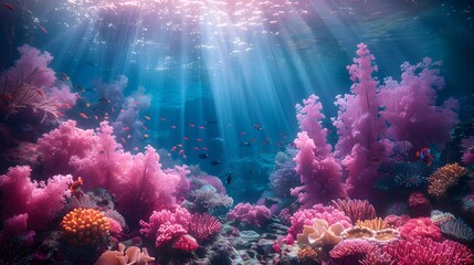 Underwater world, fishes and corals, sunlight shining down from the sky