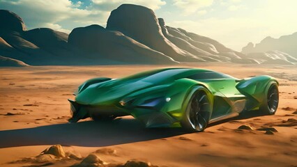 Wall Mural - Futuristic green sports car in a desert landscape. High-tech vehicle on a sandy terrain. Concept of advanced automotive design, desert adventure, and futuristic transport