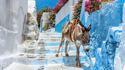 Wall Mural - Traditional Donkey on Stairs in Thira, Santorini Island, Greece