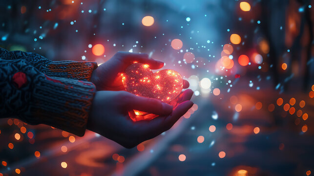 Hands holding a glowing heart shaped light in a city setting at night, with colorful bokeh lights creating a magical atmosphere.