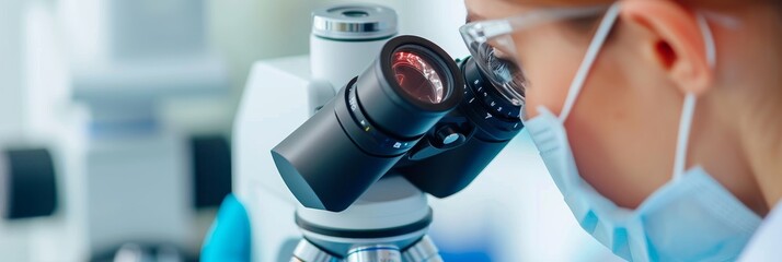 Wall Mural - laboratory assistant looks through a microscope studying microorganisms