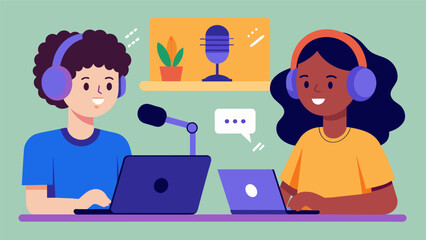 Wall Mural - A podcast episode hosted by tweens delving into the challenges of navigating school and friendships in the digital age.. Vector illustration