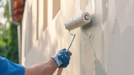 Close-up of a painters hand using a roller to spread fresh white paint on the building's exterior wall