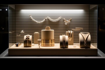 Wall Mural - Jewelry shop window display.  Jewelry Store. A display for a jewelry store featuring custom rings, earrings and bracelets. jewellery shop. luxury retail store window display.