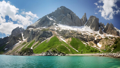 Wall Mural - mountain with snow and green grass and rocks over clear aqua colour water
