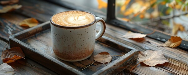 Poster - Cozy Autumn Coffee Break with Frothy Cappuccino and Fallen Leaves on Rustic Wooden Tray