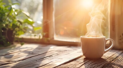 Poster - Steaming mug of coffee on rustic wooden table with morning sunlight streaming in coffee break concept with copy space