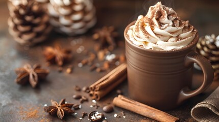 Wall Mural - Cozy Winter Chocolate Drink with Whipped Cream and Cinnamon Sticks in Ceramic Cup