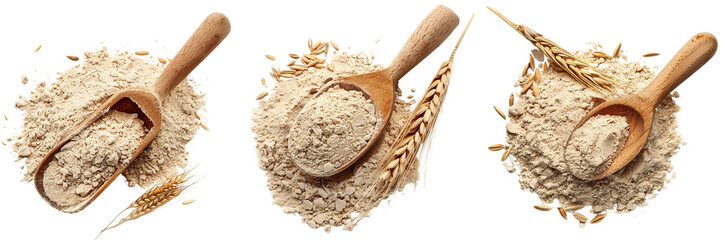 Set of wooden spoon resting on a pile of barley flour on a transparent background