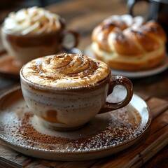 Wall Mural - Cozy Caf Setting with Cappuccino and Artisanal Pastries on a Wooden Table