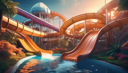 Wall Mural - Beautiful slides in a water park 