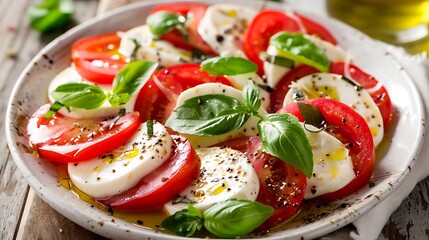 A classic caprese salad with ripe tomatoes, fresh mozzarella, basil, and drizzled with olive oil.