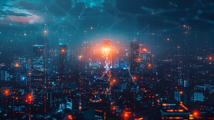 Poster - vibrant futuristic smart city with interconnected digital technology and iot devices landscape