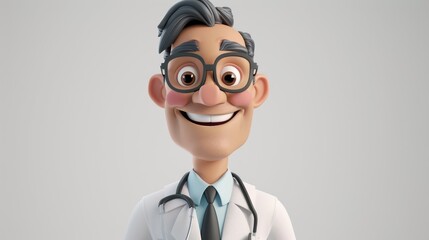 3D illustration of a cartoon-style medical doctor, with a cheerful expression and wearing glasses