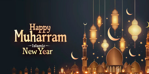 Happy Muharram islamic new hijri year background, mosque silhouette on night scene illustration.