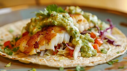 Wall Mural - A crispy fish taco with cabbage slaw and creamy avocado sauce, wrapped in a soft corn tortilla.