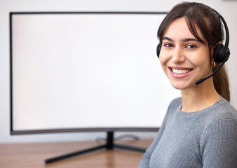 Aufkleber - Call center, portrait and woman with headset, computer screen and customer service in office. CRM, telemarketing and person with tech support, happy and agent on desk in agency and mockup of monitor