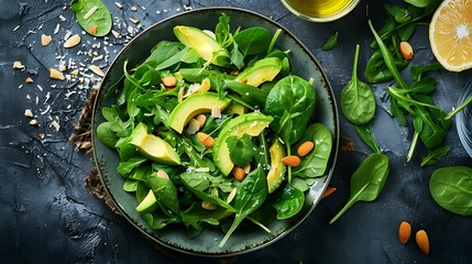 Wall Mural - A fresh green salad with spinach, arugula, avocado, and a lemon vinaigrette, topped with slivered almonds.