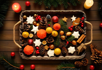 Wall Mural - A tray of holiday homemade dishes with Christmas decorations on a wooden table