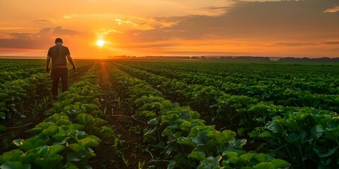 Wall Mural - At sunset a farmer inspects a sugar beet field for weeds. Concept Farming, Agriculture, Crop Management, Sunset, Sugar Beet Field