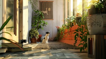 Poster - AI generated illustration of a pug sitting by a doorway with lush green plants