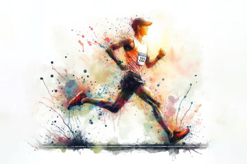 Wall Mural - Marathon runner watercolor splash in action isolated on white background