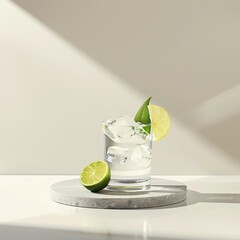 Wall Mural - A refreshing drink with lime slices and ice cubes in a glass, beautifully lit by natural sunlight on a marble surface.