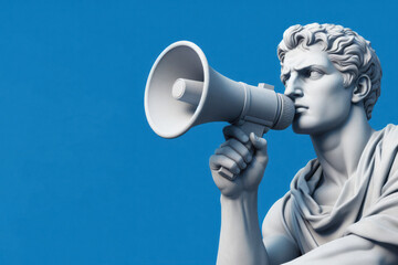 A statue of a man with a megaphone in his mouth on solid blue background