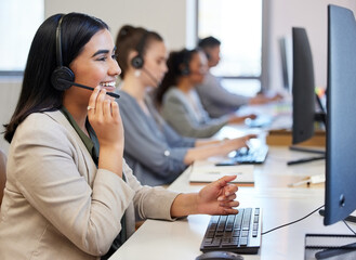 Wall Mural - Call center, profile and woman with headset, support and communication in office with pride. Happy, female person and telemarketing agent for deal, consulting and smile for customer service at desk