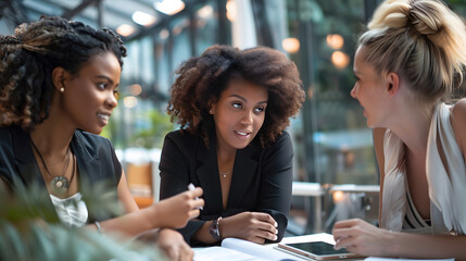 Poster - Multiracial businesswomen and businesswomen discussing strategy in meeting at office
