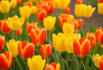 Wall Mural - A bouquet of orange and yellow tulips in a tall vase