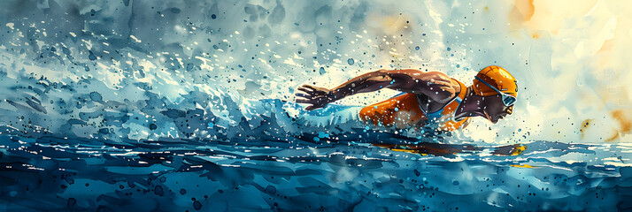 An athlete wearing an orange swim cap dives into the water during the Olympic Games in Paris, showcasing athleticism and determination