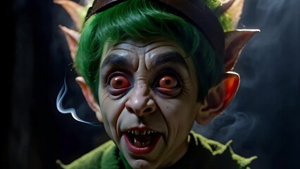 Wall Mural - crazy creepy elf close-up 4k features an a.i. generated video of a close-up of an elf character with