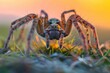 © VISUAL BACKGROUND - A spider is sitting on the grass at sunset.