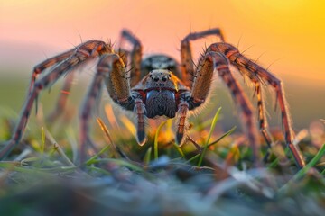 A spider is sitting on the grass at sunset.