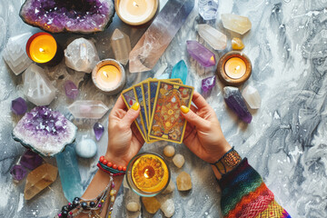 woman hands holding tarot cards, fortune telling, prophecy reading concept, top view esoteric magical layout with crystals, oracle and candles