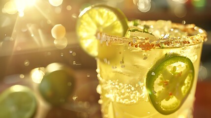 Wall Mural - A spicy margarita with a salted rim, garnished with a lime wheel and a jalapeno slice, served chilled.