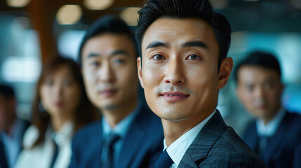 Group portrait of Asian business people , boss in front with colleagues in blur background, all wearing suits 