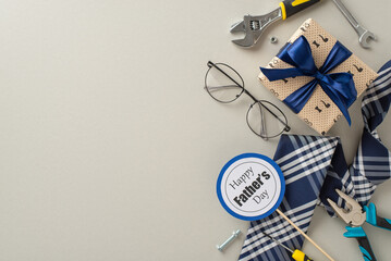 Wall Mural - This image showcases a Father's Day theme with a beautifully wrapped gift, tools, a necktie, and glasses, symbolizing a celebration for dads