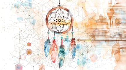 Wall Mural - Artistic watercolor on oak, depicting a dreamcatcher with feathers and abstract hexagons.