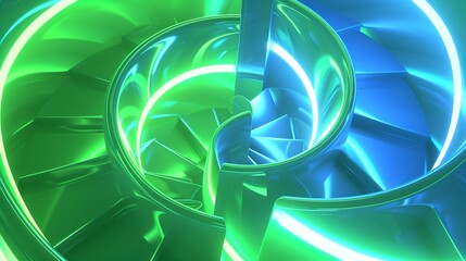 Wall Mural - Luminous 3D spirals in electric blue and fluorescent green create a neon-lit futuristic effect.