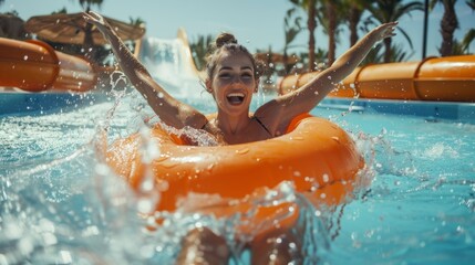 Wall Mural - A woman is in a pool with an orange float and is smiling